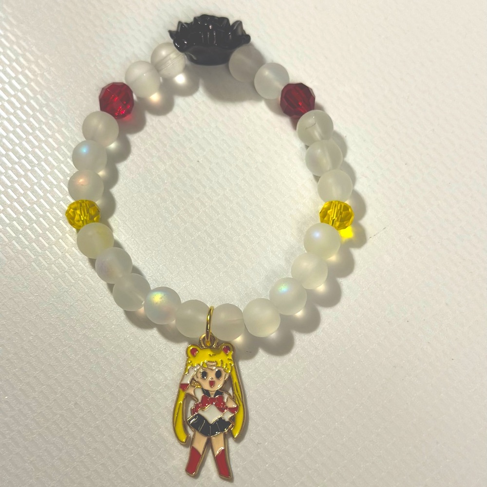 Sailor, moon, white black flower charm bracelet